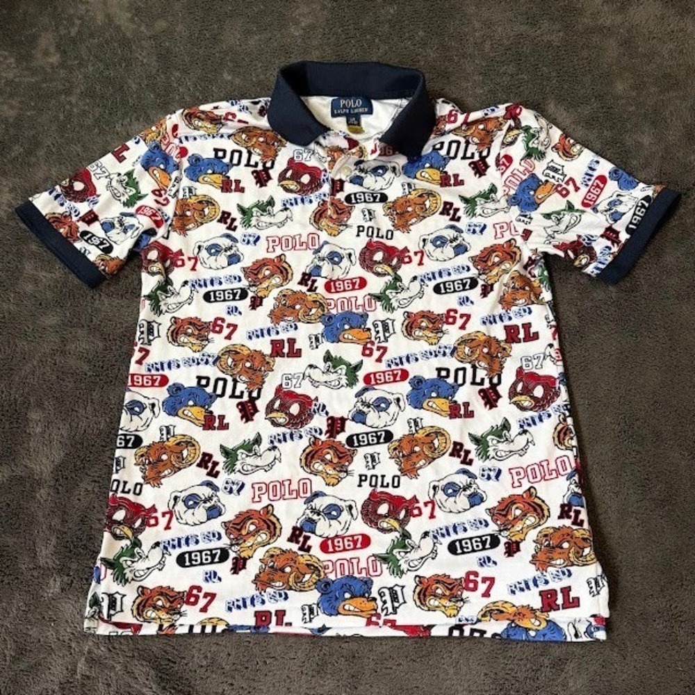 Polo Ralph Lauren Boys L 14-16 Mascot All Over Print Polo Shirt White Multi